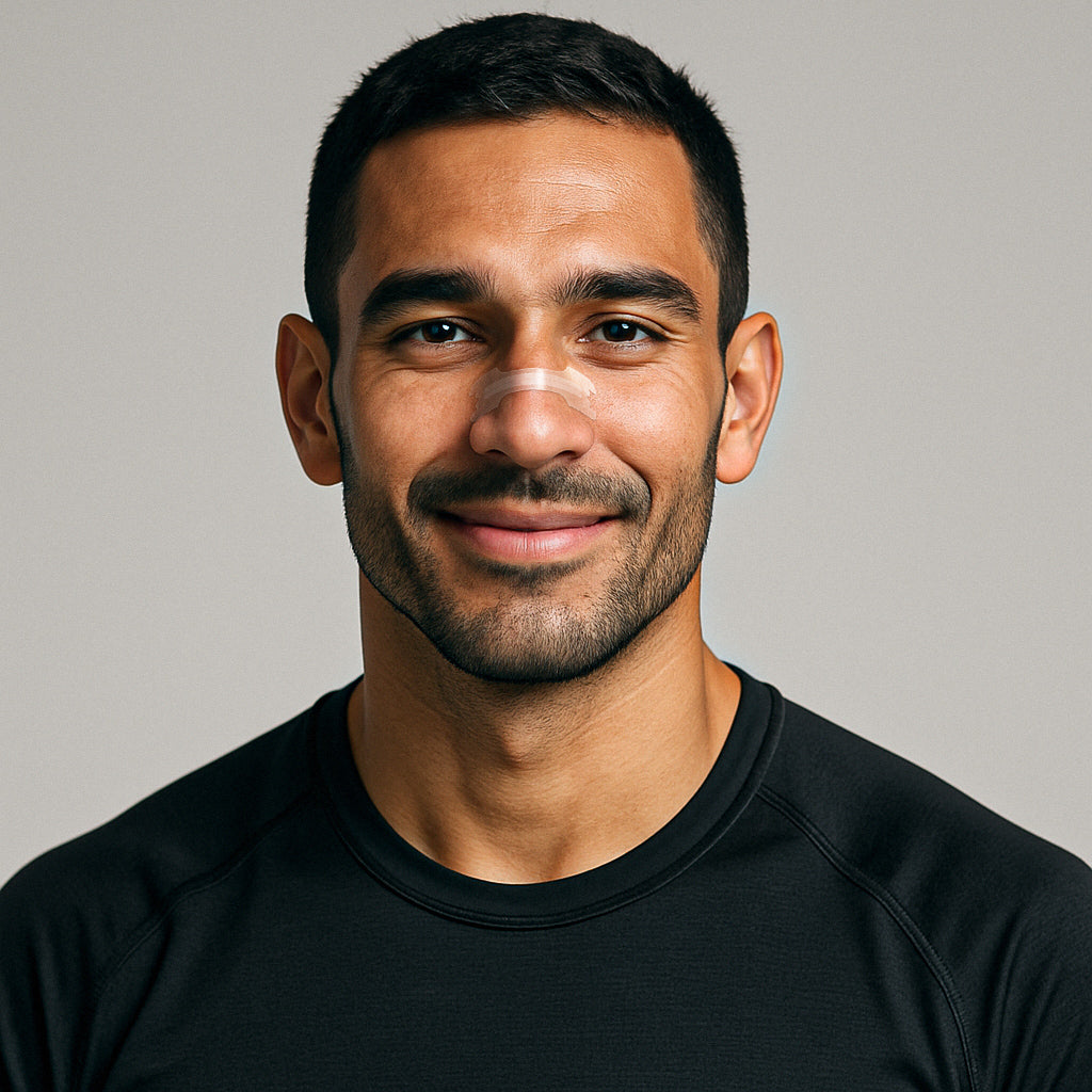 Transparent Nafas Nasal Tape strip applied on a person's nose, showing discreet design from El Meraki store.