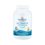 Bottle of Nordic Naturals Ultimate Omega 180 softgels dietary supplement for heart and brain health.