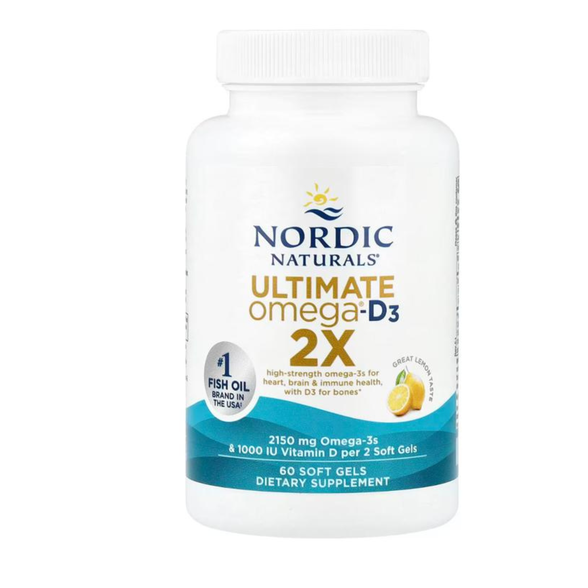 Bottle of Nordic Naturals Ultimate Omega-D3 2X dietary supplement with 60 lemon-flavored softgels.