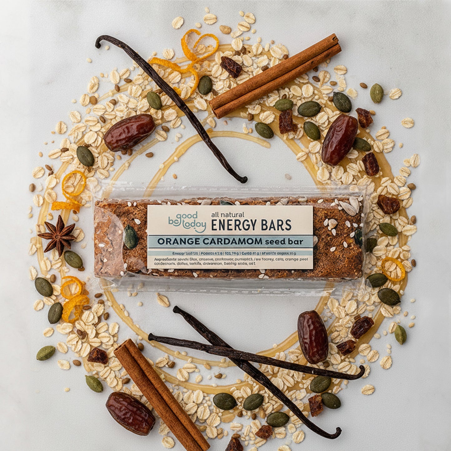 Be Good Today Orange Cardamom Seed Energy Bar 1 piece with seeds, oats, dates, orange peel and cardamom