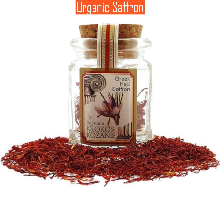 Premium organic Krokos Kozanis saffron threads in 1g package - vibrant red Greek saffron.
