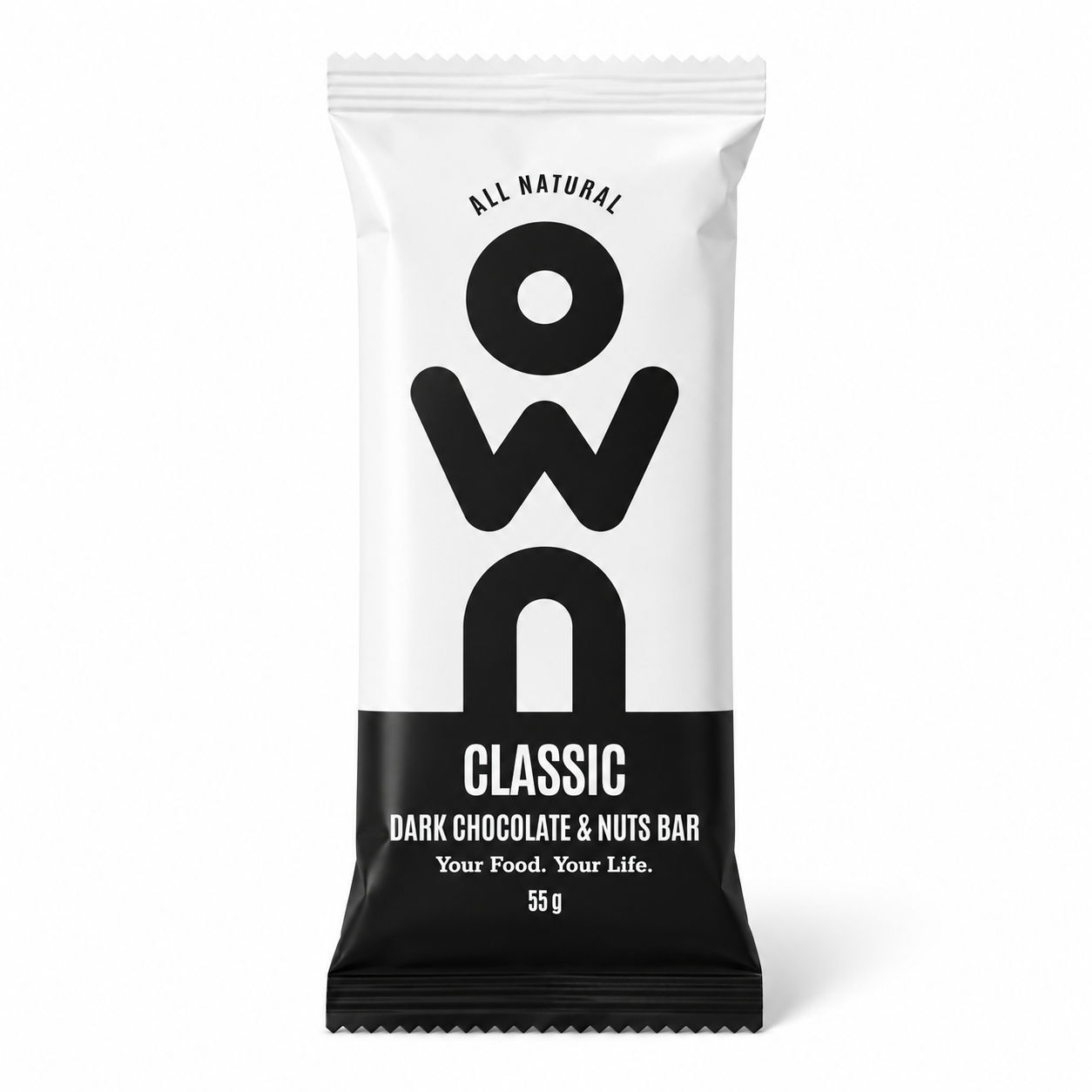 OWN Dark Chocolate and Nuts Bar 55g front packaging on white background