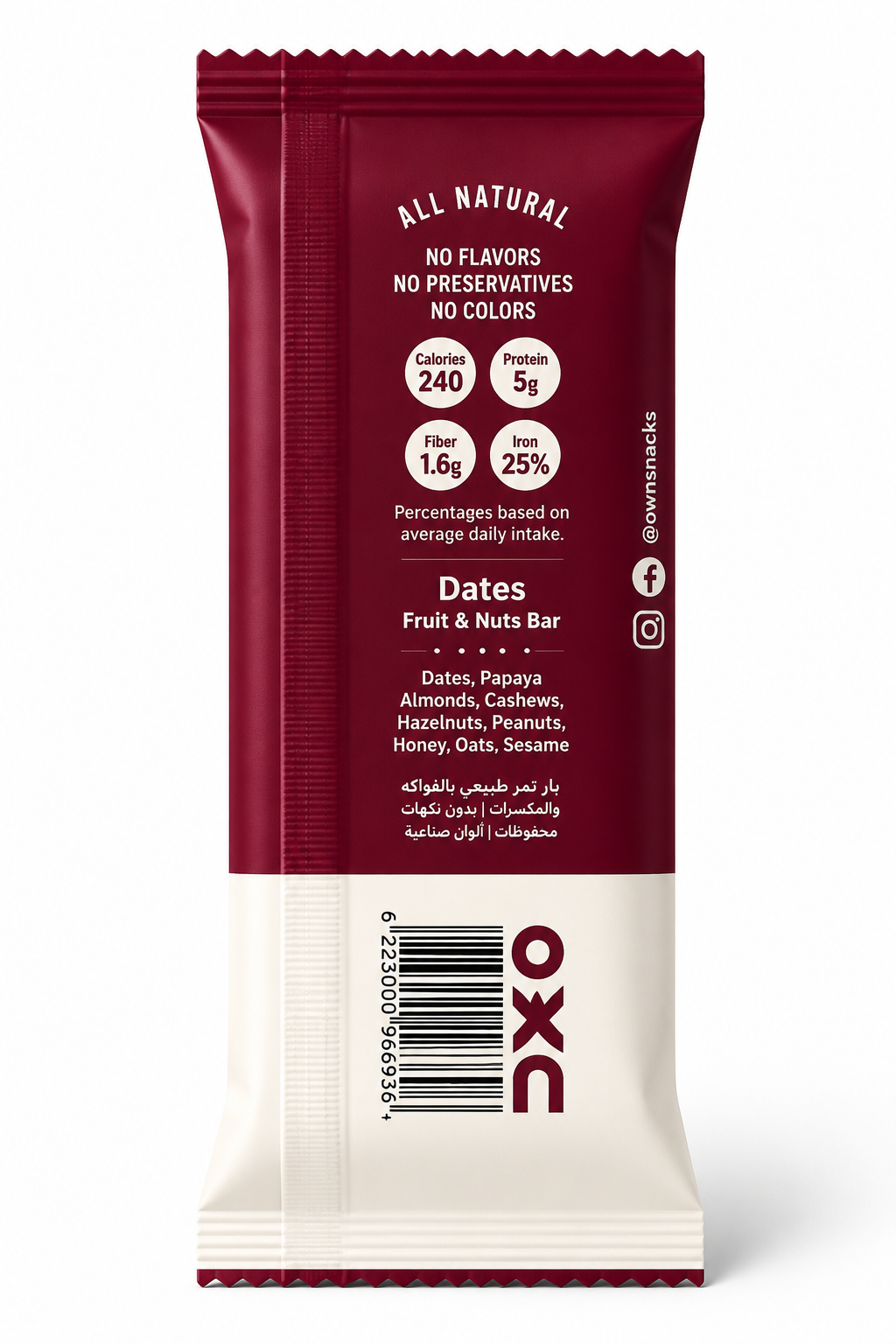 OWN Date and Nuts Bar 55g nutrition facts and ingredients packaging on white background