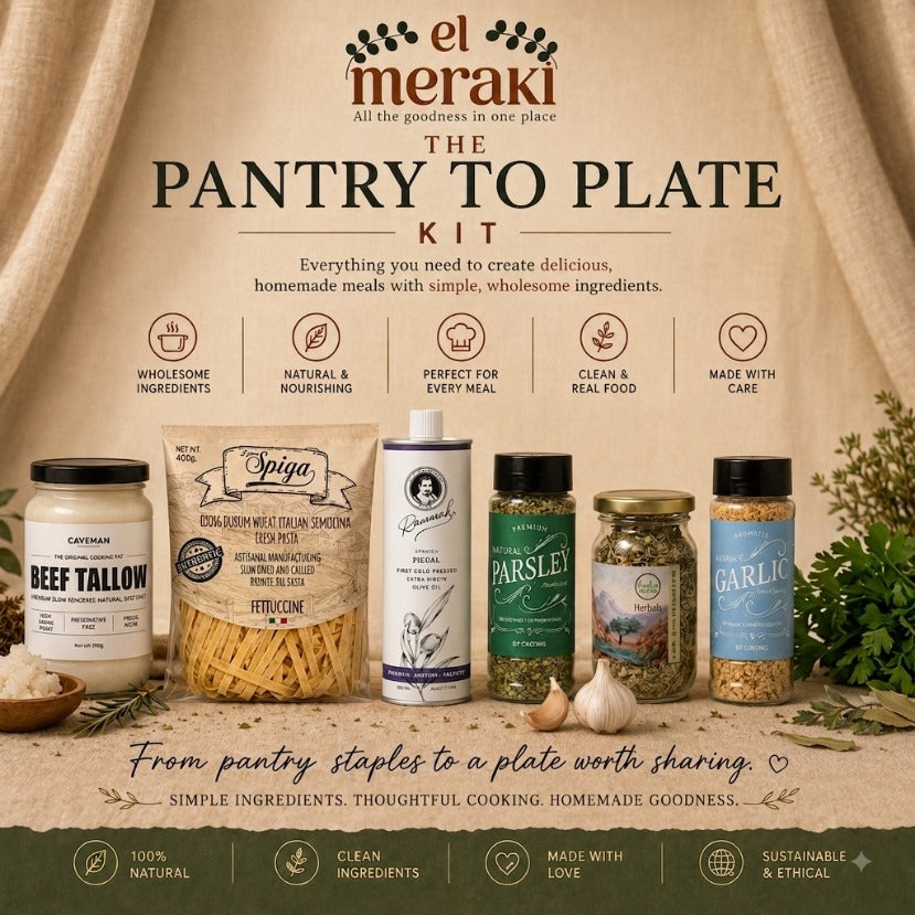 El Meraki Pantry to Plate Bundle featuring pasta, extra virgin olive oil, beef tallow, herbal salt, dried parsley and dried garlic | باقة من المخزن إلى الطبق من إل ميراكي مع المكرونة وزيت الزيتون البكر الممتاز وشحم البقر والملح العشبي والبقدونس والثوم المجفف