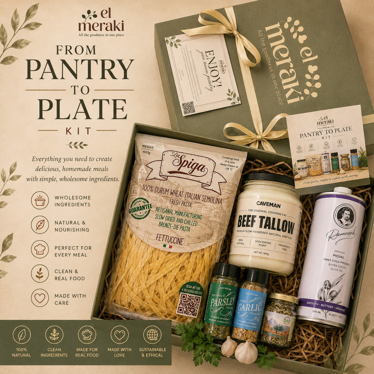 El Meraki Pantry to Plate Bundle featuring pasta, extra virgin olive oil, beef tallow, herbal salt, dried parsley and dried garlic | باقة من المخزن إلى الطبق من إل ميراكي مع المكرونة وزيت الزيتون البكر الممتاز وشحم البقر والملح العشبي والبقدونس والثوم المجفف