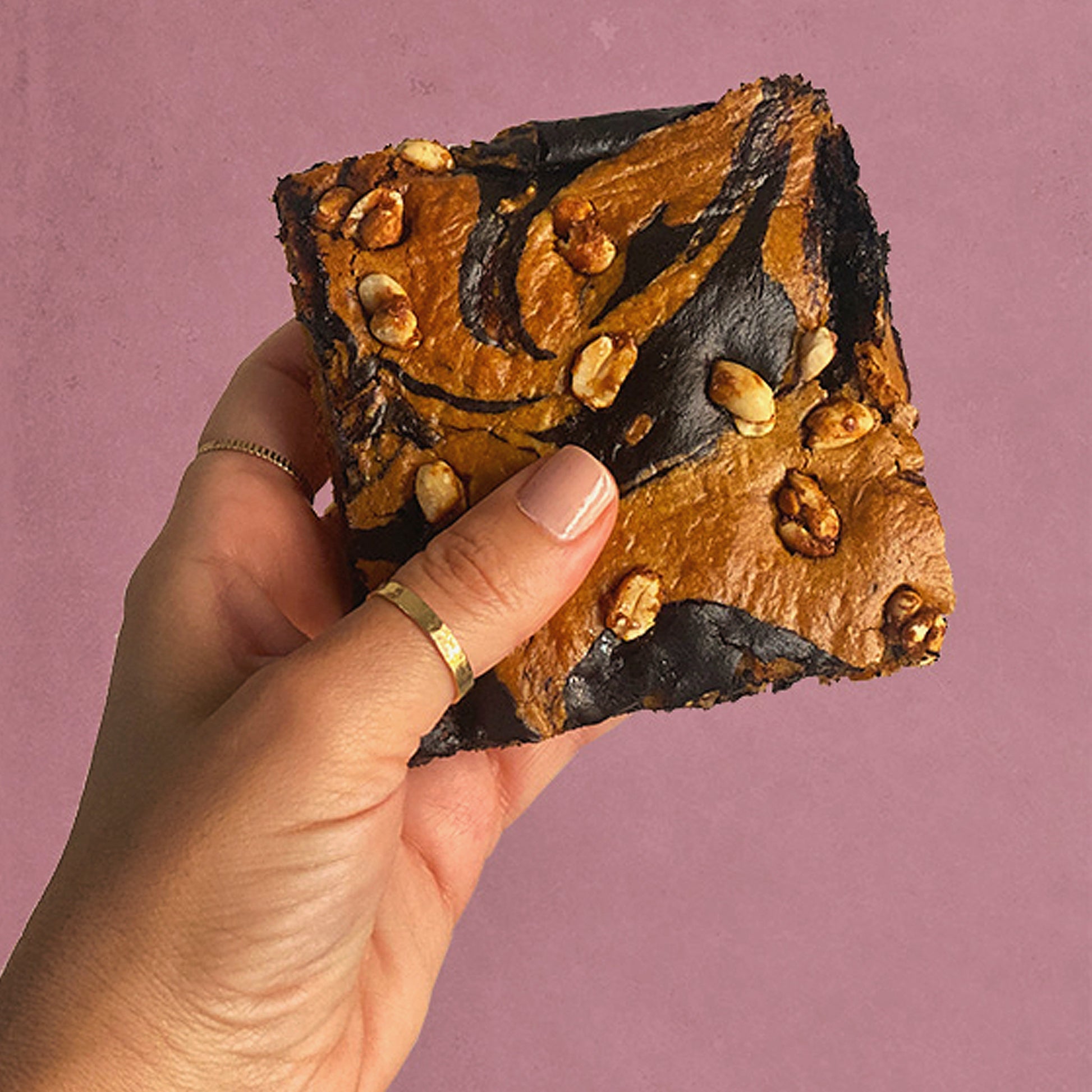 Peanut Chocolate Swirl Small Cake by Be Good Today, peanut-flour sponge with chocolate sauce and caramelized peanuts, serves 6