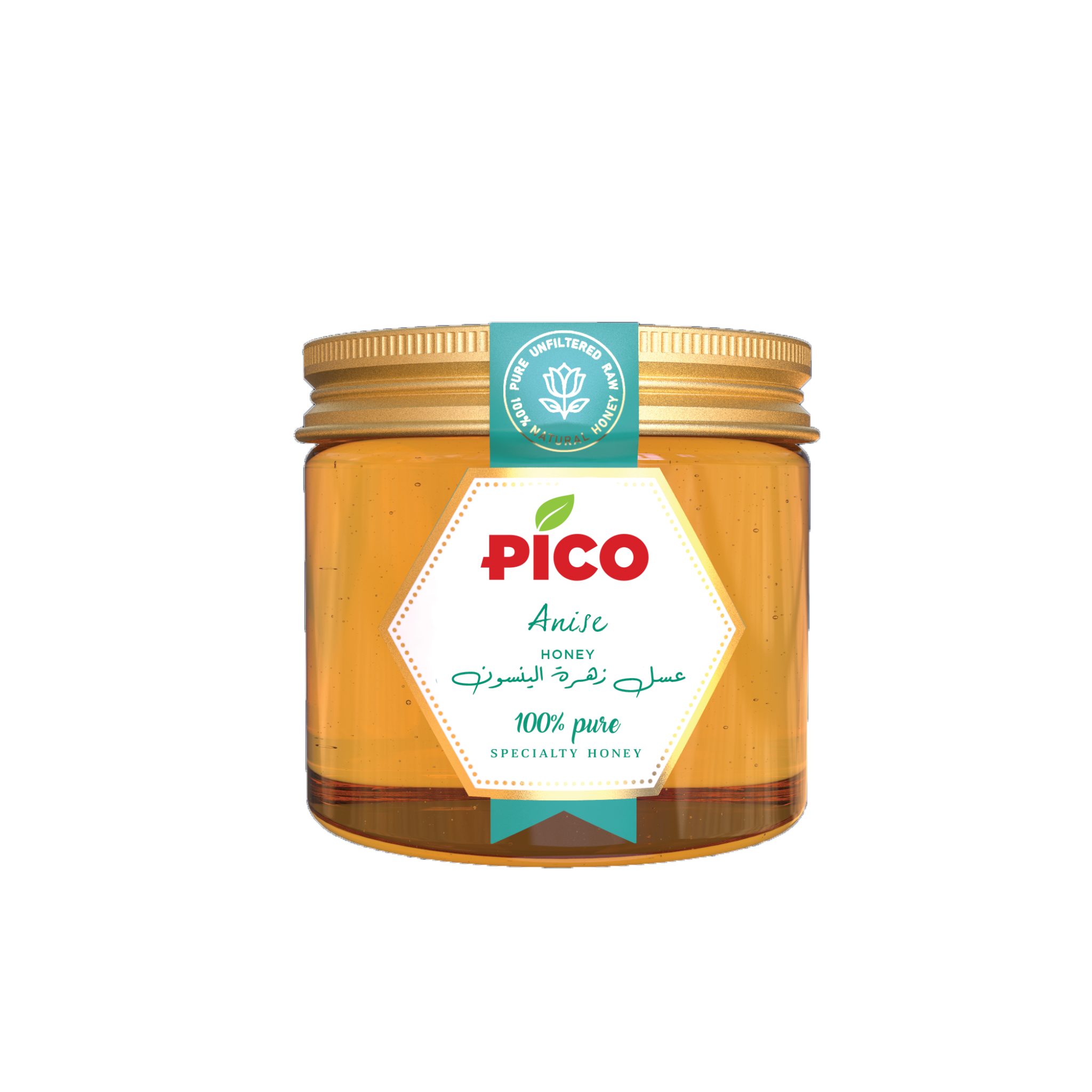 Jar of golden Pico Anise Honey, a natural infused honey with anise for wellness, made in Egypt.
