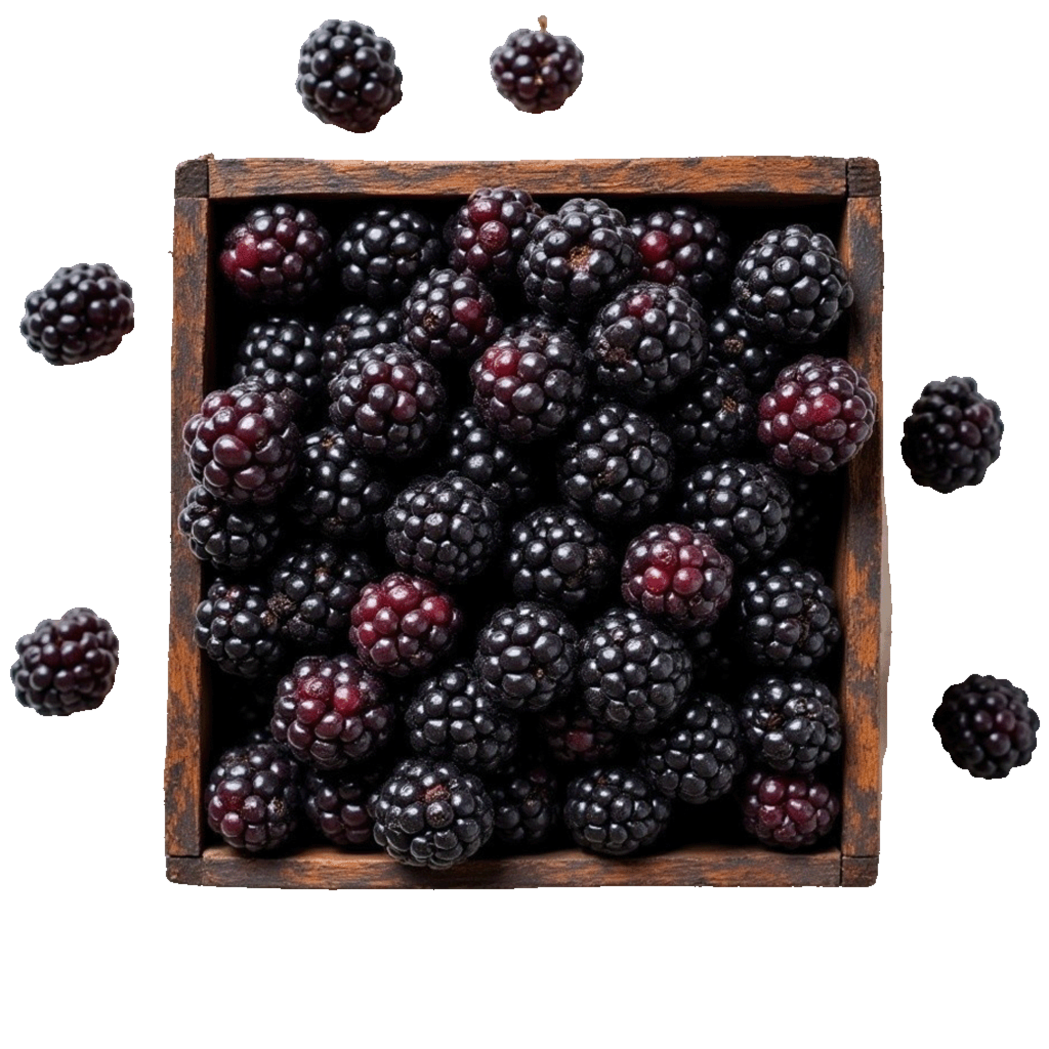A box of fresh, dark Pico Blackberries from Egypt, an antioxidant-rich superfood for health.