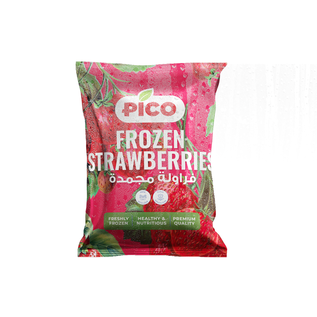 A bag of Pico Frozen Strawberries, showing vibrant red whole berries, perfect for healthy recipes in Egypt.