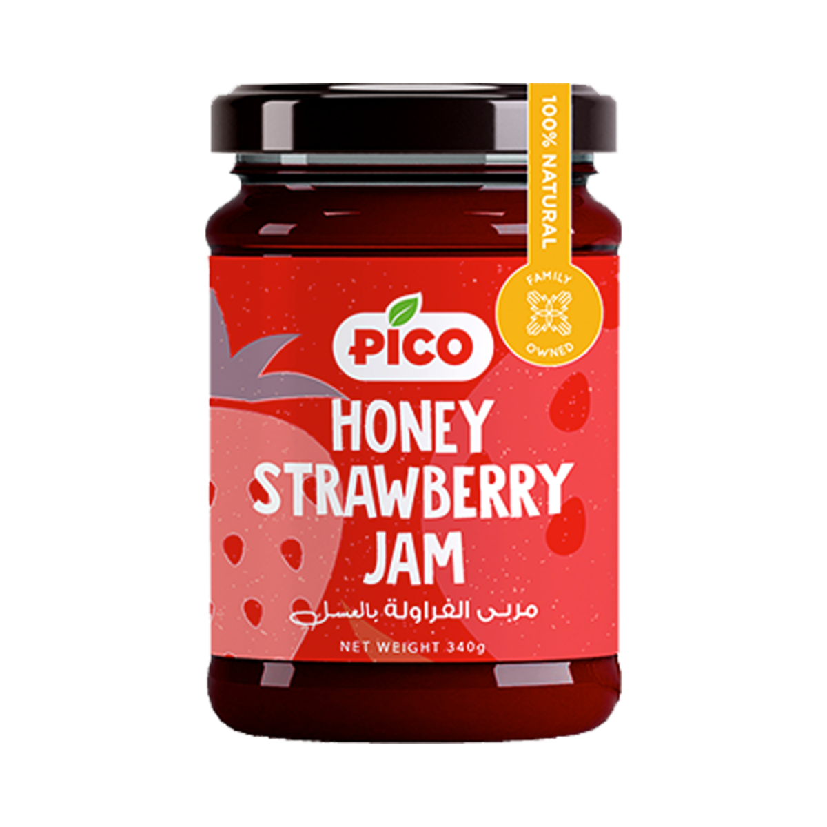 Jar of Pico Strawberry Jam with visible fruit pieces, a natural fruit spread made in Egypt.