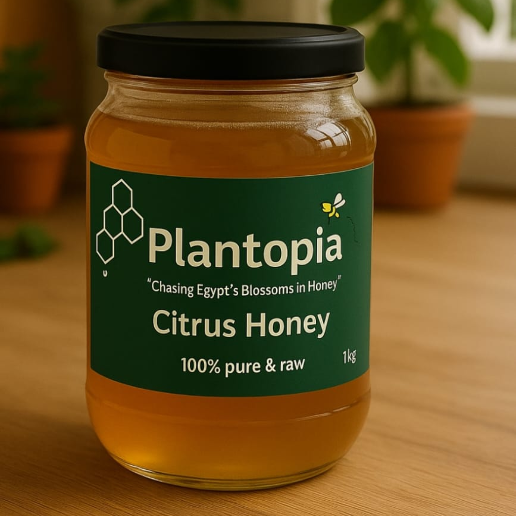 Plantopia Citrus Blossom Honey – Golden raw honey in glass jar from Egyptian citrus groves, perfect for teas and desserts