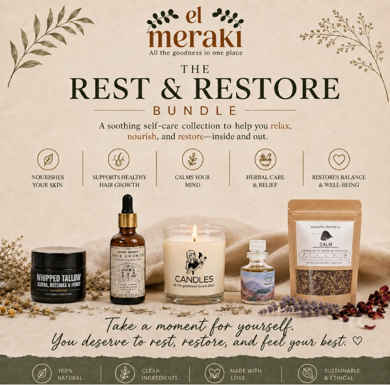 El Meraki Rest & Restore self-care bundle featuring herbal care, candle, skincare and hair care essentials | باقة الراحة والاستعادة من إل ميراكي مع منتجات العناية بالأعشاب والبشرة والشعر وشمعة للاسترخاء