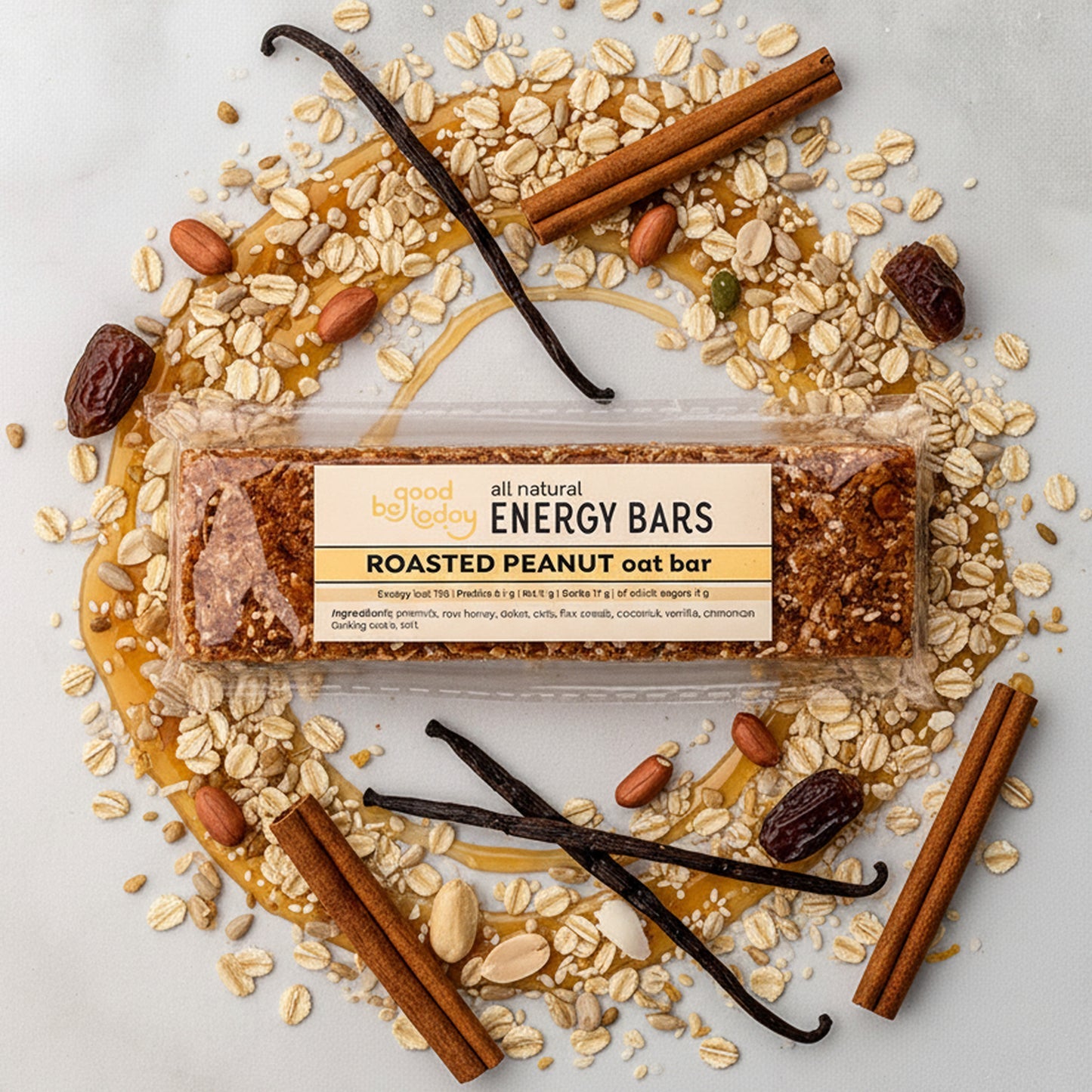 Be Good Today Roasted Peanut Oat Energy Bar 1 piece with roasted peanuts, oats, dates and cinnamon