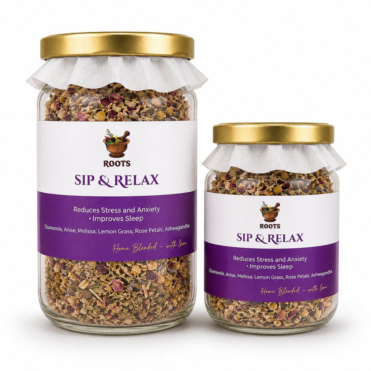 Roots Within Sip and Relax herbal tea blend packaging on white background