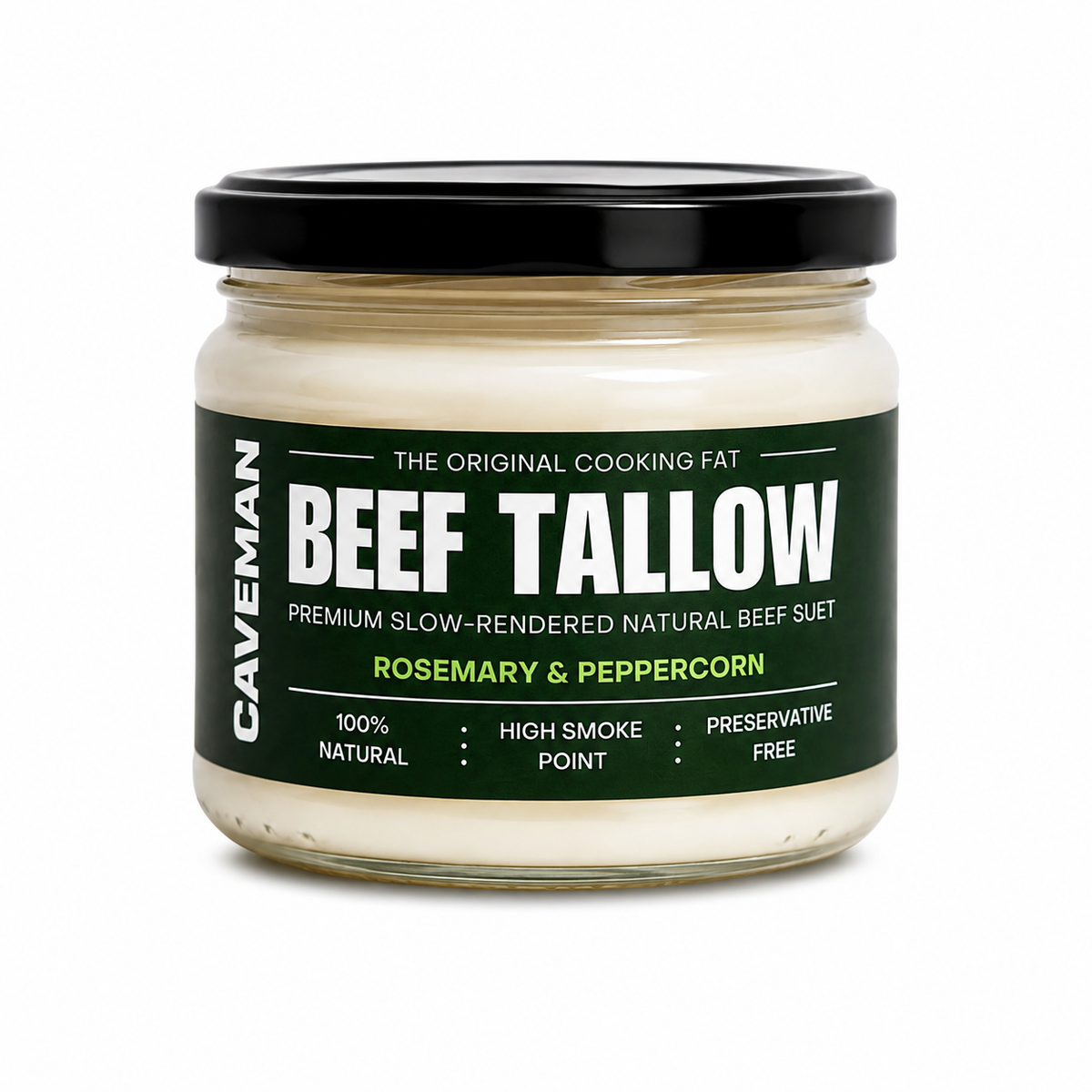 Caveman Rosemary & Peppercorn Beef Tallow 250 g in a glass jar | شحم بقري بإكليل الجبل وحبوب الفلفل من كافيمان ٢٥٠ جرام في برطمان زجاجي
