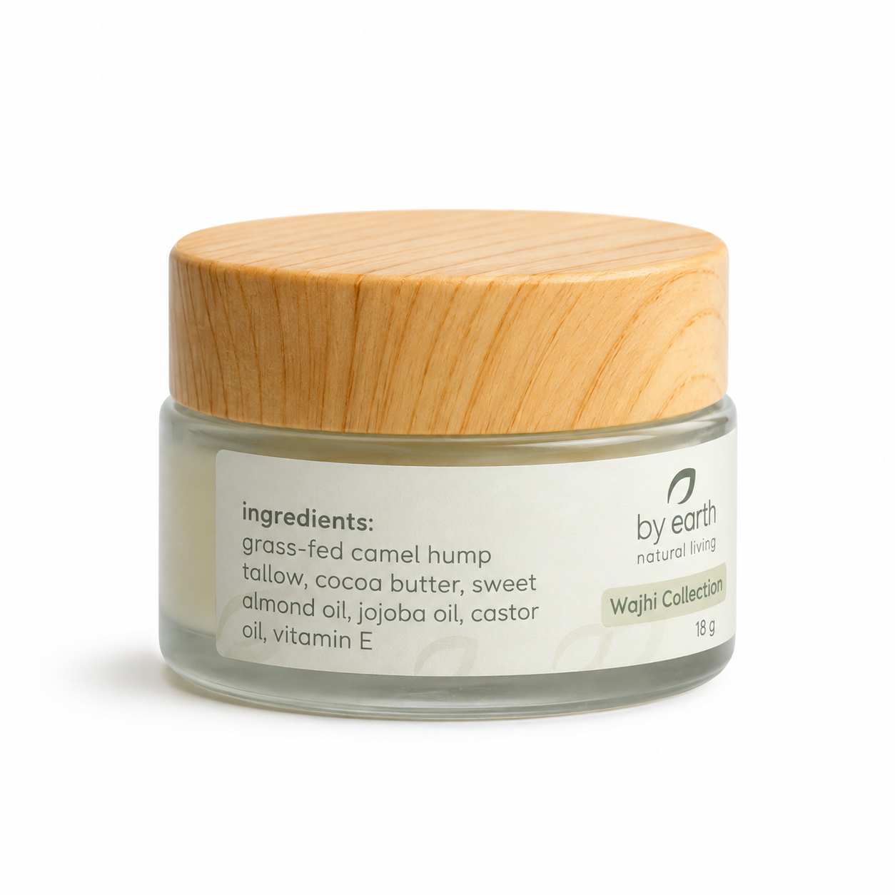 Back packaging of Soft Lips Balm by By Earth 18 g, lip balm featuring camel hump tallow, cocoa butter, botanical oils and vitamin E