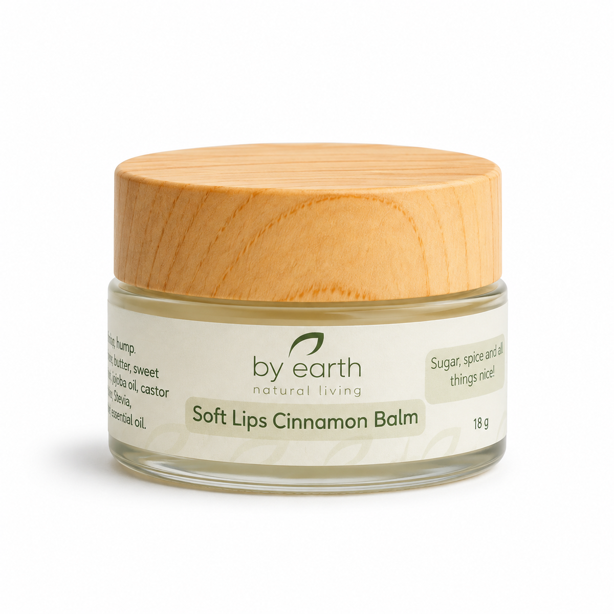 Soft Lips Cinnamon Balm by By Earth 18 g, cinnamon lip balm with camel hump tallow, cocoa butter, sweet almond oil, jojoba oil, castor oil and vitamin E
