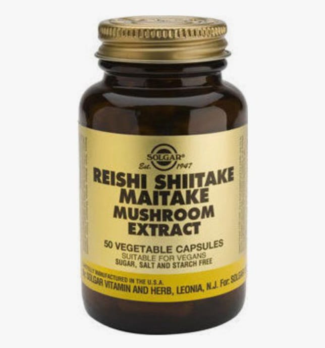  Product photo of Solgar Reishi, Shiitake, Maitake Mushroom Extract bottle for sale.