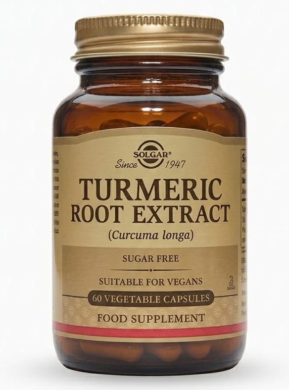 A bottle of Solgar Turmeric Root Extract containing 60 vegetable capsules, suitable for vegans. The label indicates it is standardized for full potency and manufactured in the USA by Solgar Vitamin and Herb, Leonia, NJ.