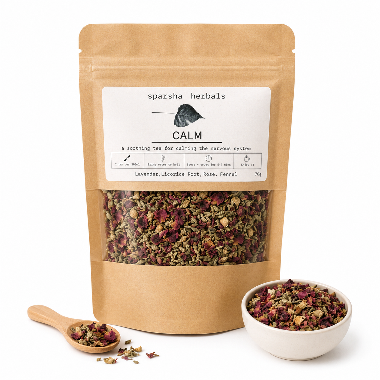 Calm Tea by Sparsha herbal tea blend with lavender licorice root rose and fennel