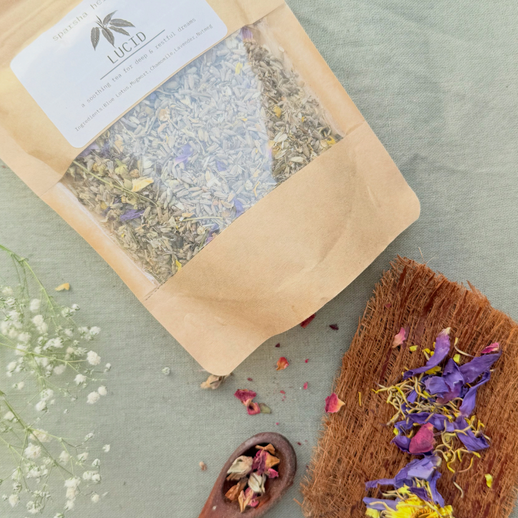 Lucid Tea by Sparsha herbal tea blend with blue lotus lavender chamomile mugwort and nutmeg