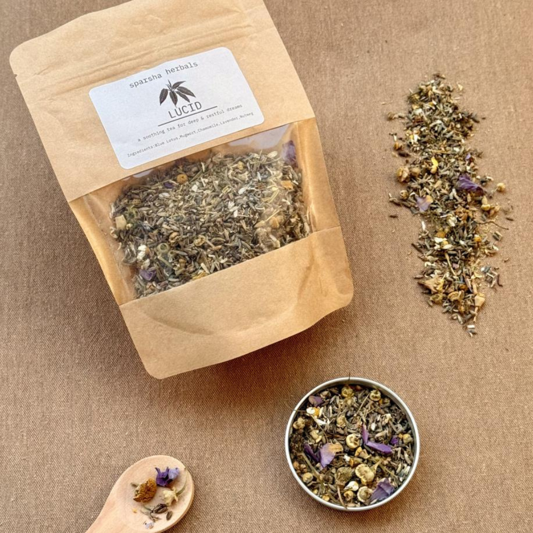 Lucid Tea by Sparsha herbal tea blend with blue lotus lavender chamomile mugwort and nutmeg