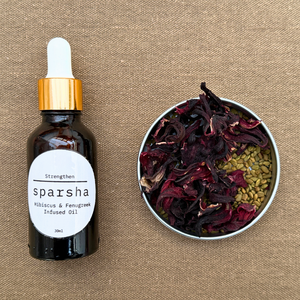 Strengthen Hair Oil by Sparsha with hibiscus fenugreek flaxseed castor tea tree and peppermint oils