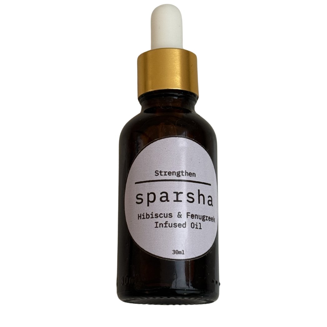 Strengthen Hair Oil by Sparsha with hibiscus fenugreek flaxseed castor tea tree and peppermint oils