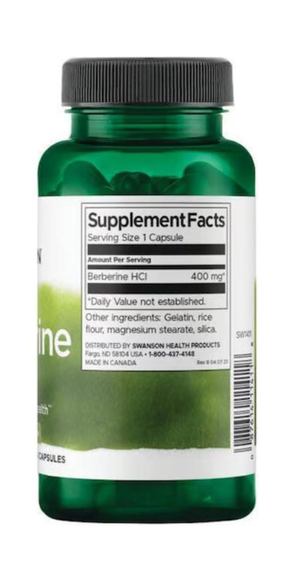 Swanson Berberine supplement bottle with vegetarian capsules - herbal dietary supplement.