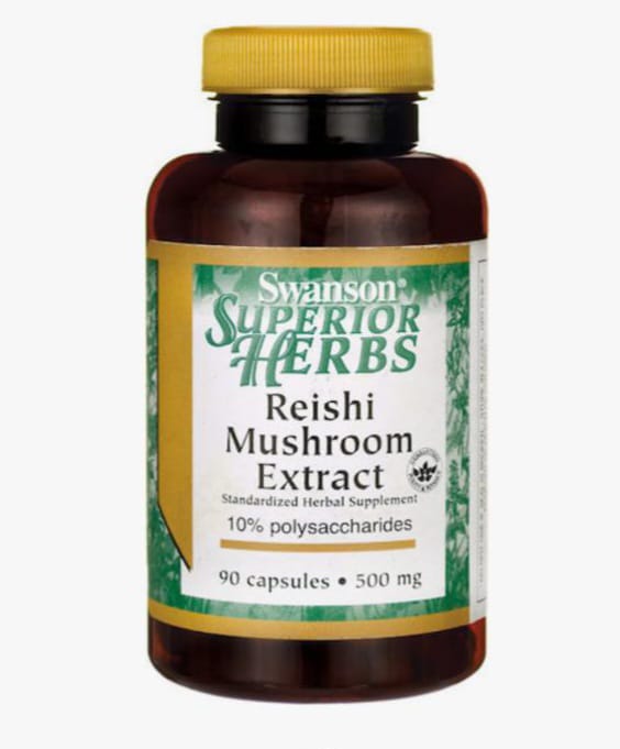  Sealed bottle of Swanson Reishi Mushroom Extract capsules on a shelf, illustrating proper storage away from heat and light for an herbal supplement from El Meraki Egypt.