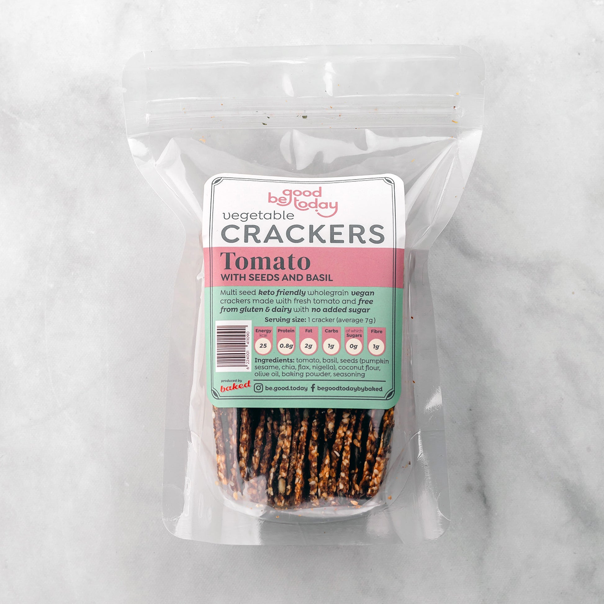 Be Good Today Tomato Basil Crackers made with pumpkin, sesame, nigella, chia and flax seeds with fresh tomato and basil