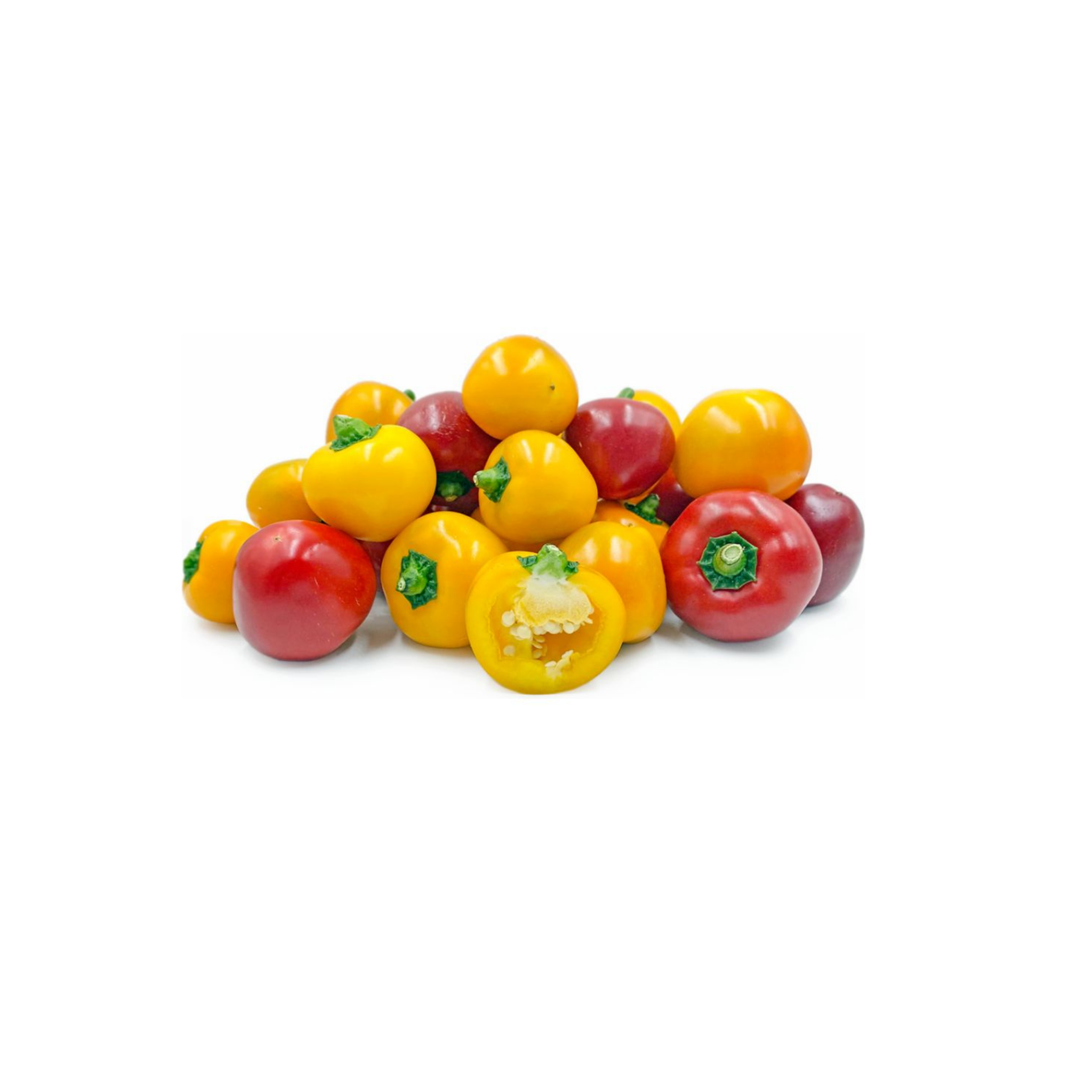 A vibrant mix of red, yellow, and orange Baby Sweet Bell Peppers from Tulima Farms, Egypt, grown without pesticides.