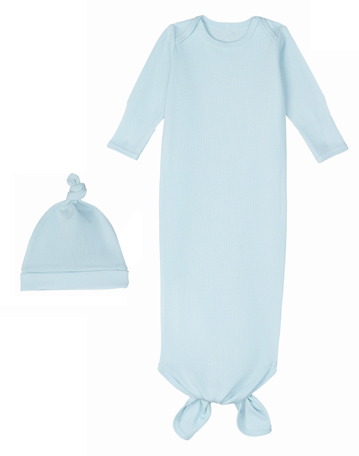  Under the Nile Pearl Blue Knotted Gown and Beanie Set for newborns.