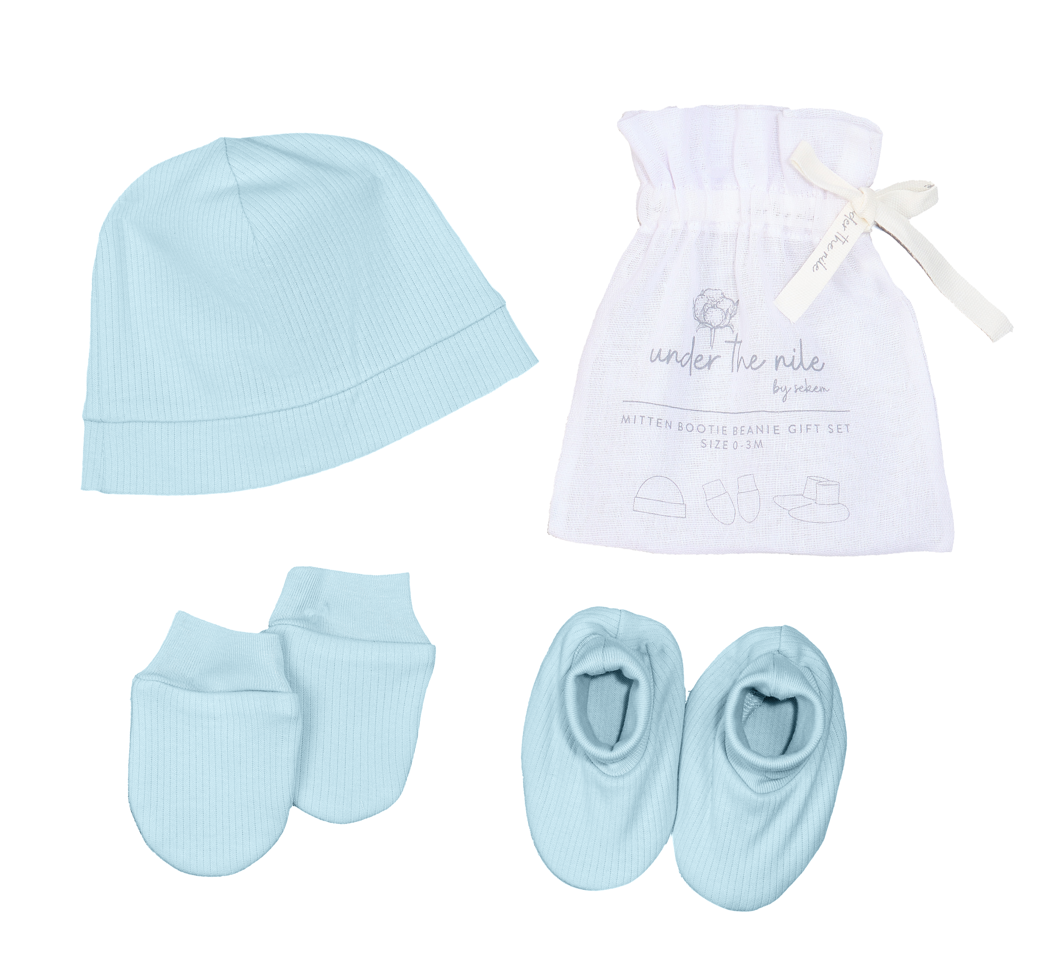 Under the Nile Pearl Blue Mommy & Me Gift Set, featuring elegant matching organic cotton items for mother and baby.