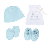 Under the Nile Pearl Blue Mommy & Me Gift Set, featuring elegant matching organic cotton items for mother and baby.