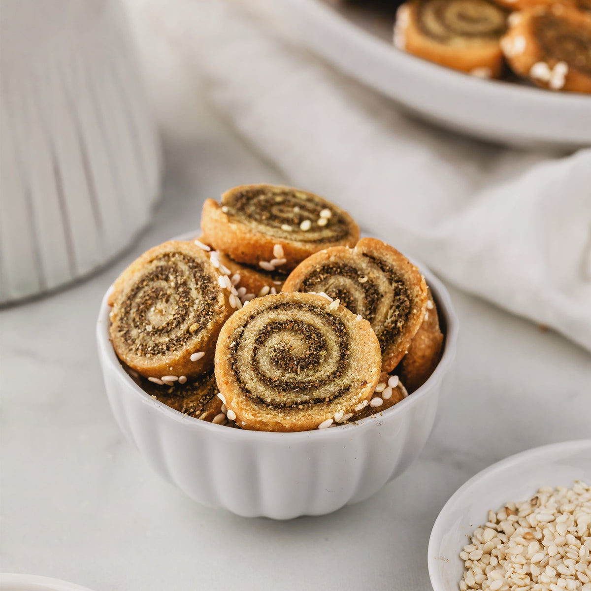 Za'atar Sesame Rolls by Be Good Today, crunchy rolls with tangy za'atar and sesame filling