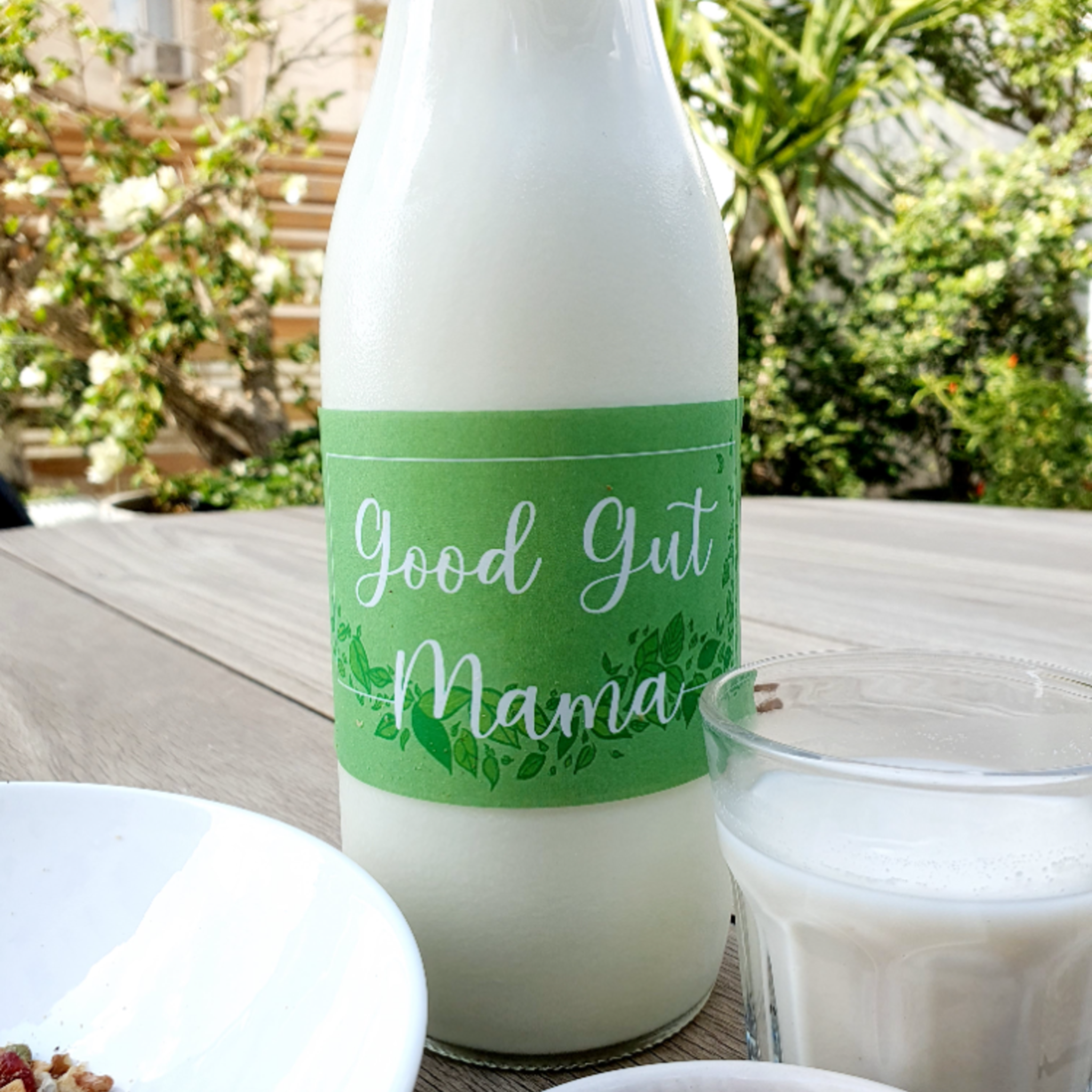 Bottle of Good Gut Mama Fresh Almond Milk from Egypt, a creamy plant-based drink
